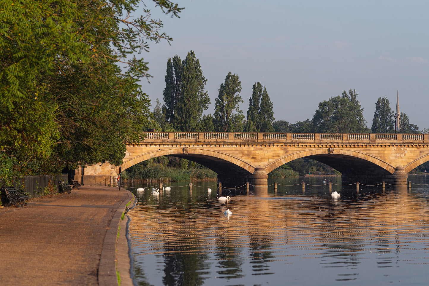 Early light on the Serpentine bridge in Hyde Park, the parkland across the road from The Bvlgari Spa, Knightsbridge, rather than the spa itself. Photograph by Julian Herzog, CC BY 4.0