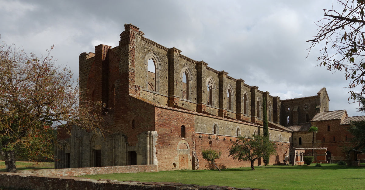 San Galgano Abbey, the roofless medieval ruin near Borgo Santo Pietro in Tuscany.