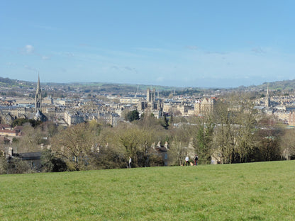 Bath skyline seen from the Bathwick Hill walk, the hills above the city where the spa draws its thermal water
