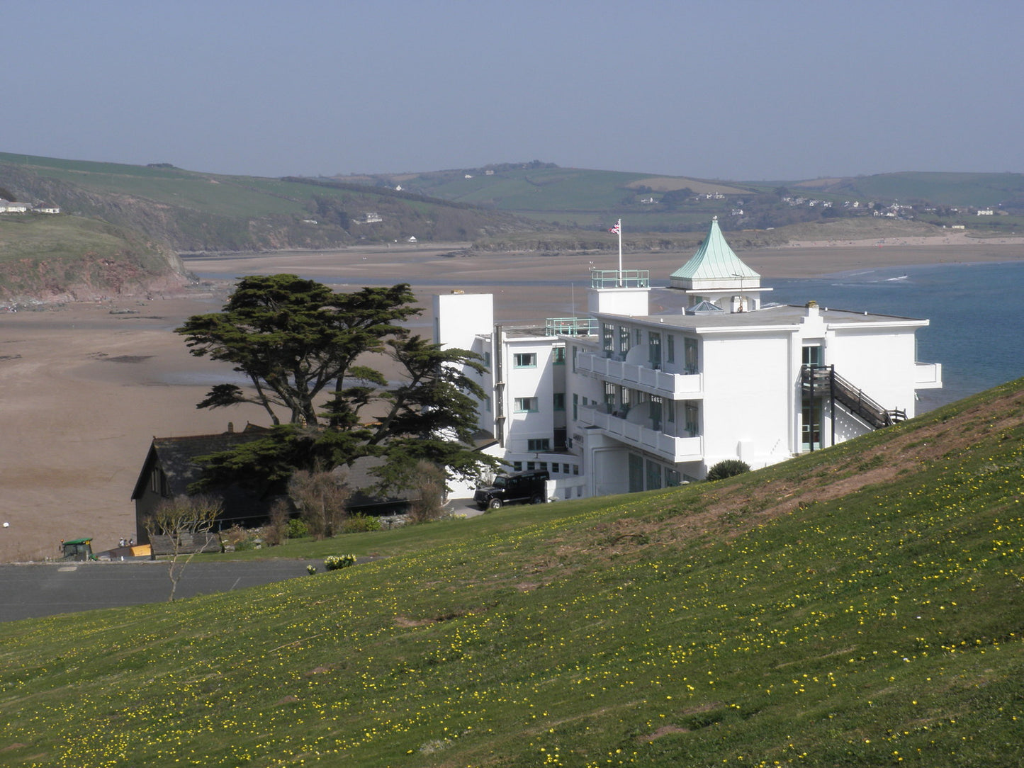 Burgh Island Hotel, the whitewashed 1929 Art Deco hotel on its tidal island off Bigbury on Sea
