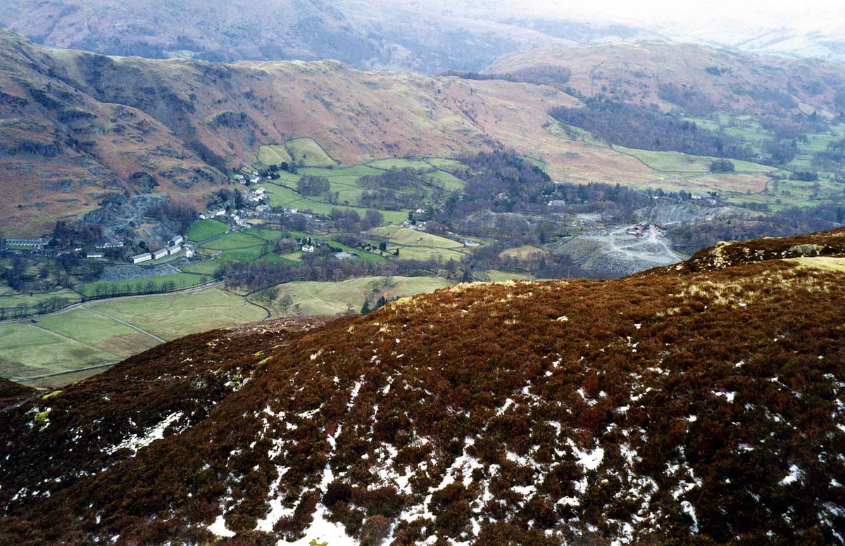 Chapel Stile and the Great Langdale valley seen from Lingmoor Fell, the village and valley Brimstone Hotel and The Langdale Estate sit in, not the hotel itself