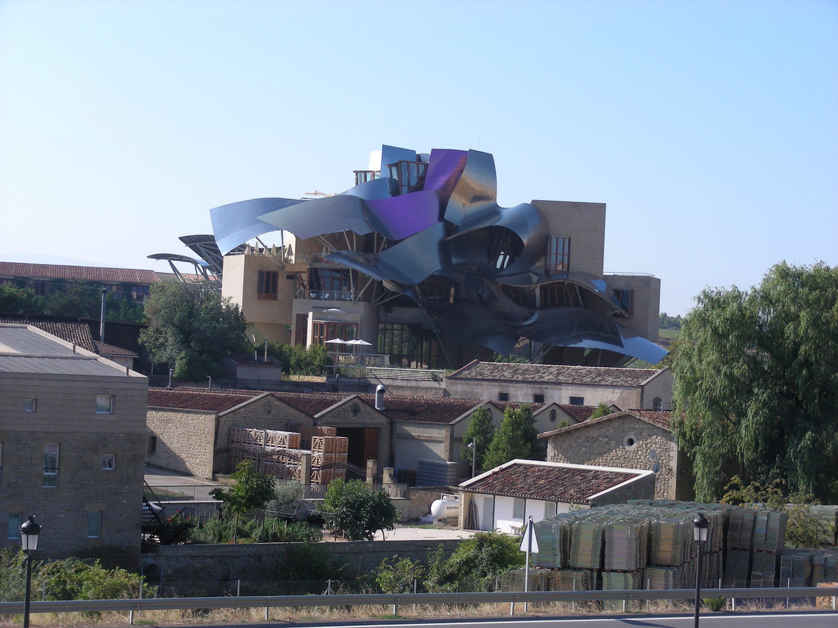 Frank Gehry's titanium ribboned Hotel Marques de Riscal rising above the town of Elciego in Rioja Alavesa