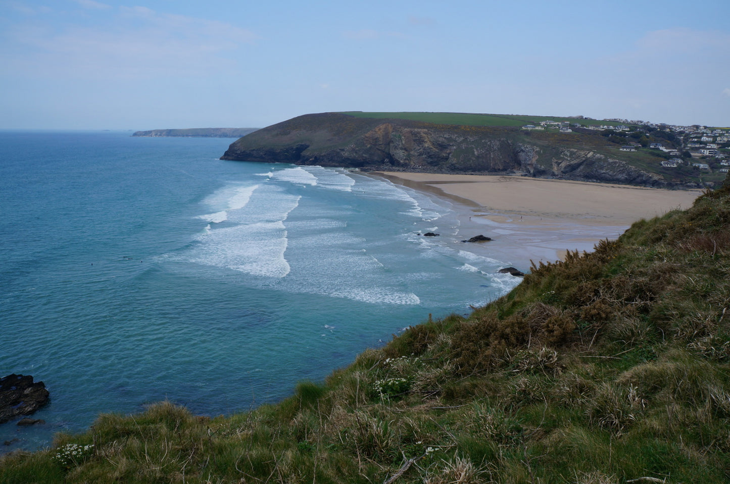 Mawgan Porth beach from Berryls Point, the Cornish coastline below The Scarlet Spa