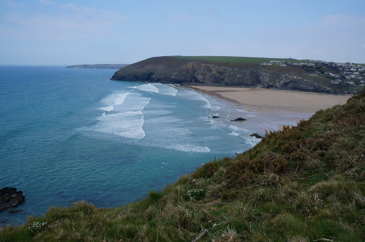 Mawgan Porth beach from Berryls Point, the Cornish coastline below The Scarlet Spa