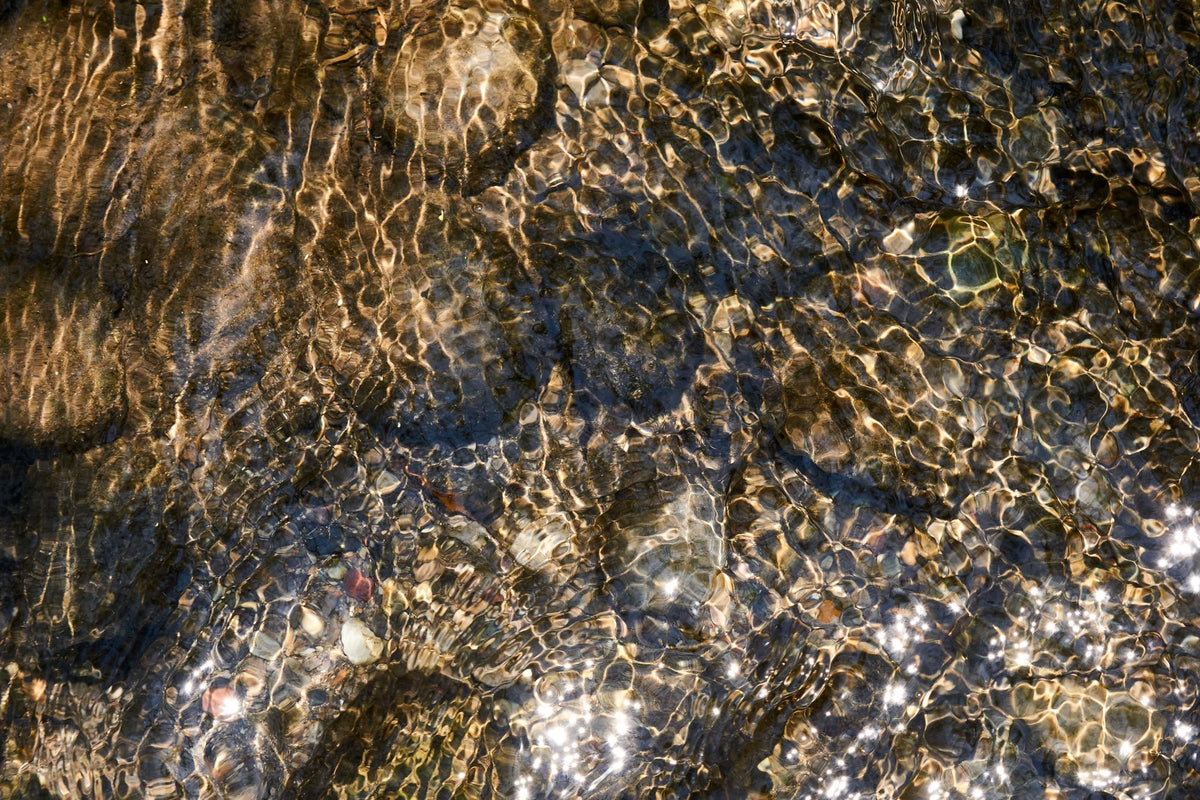 Sunlit, clear shallow water rippling over pale rocks, the dappled golden light of the French Riviera