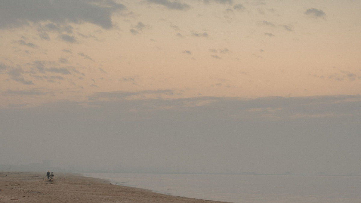 Two figures walking a misty beach at dawn