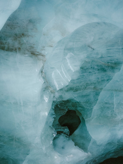 Pale blue ice formation, echoing the snow cave recovery space at Spa La Mer.