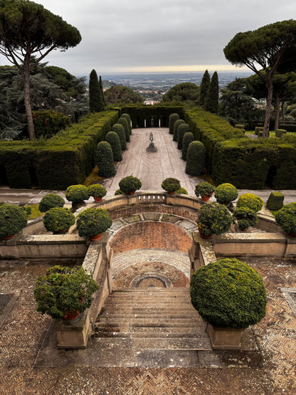 A formal garden of clipped hedges and stone steps, C-Side Spa at Cowley Manor, Cheltenham