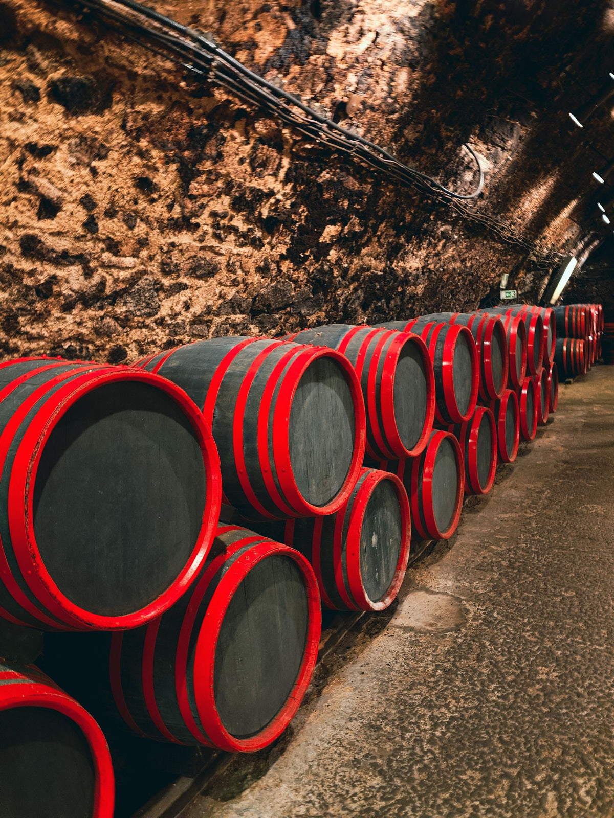 Rows of oak wine barrels glowing red and amber in a stone cellar tunnel in the Bordeaux wine region
