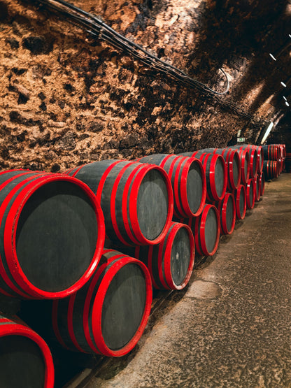 Rows of oak wine barrels glowing red and amber in a stone cellar tunnel in the Bordeaux wine region