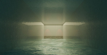 A moody indoor pool with dim lighting and teal tiles