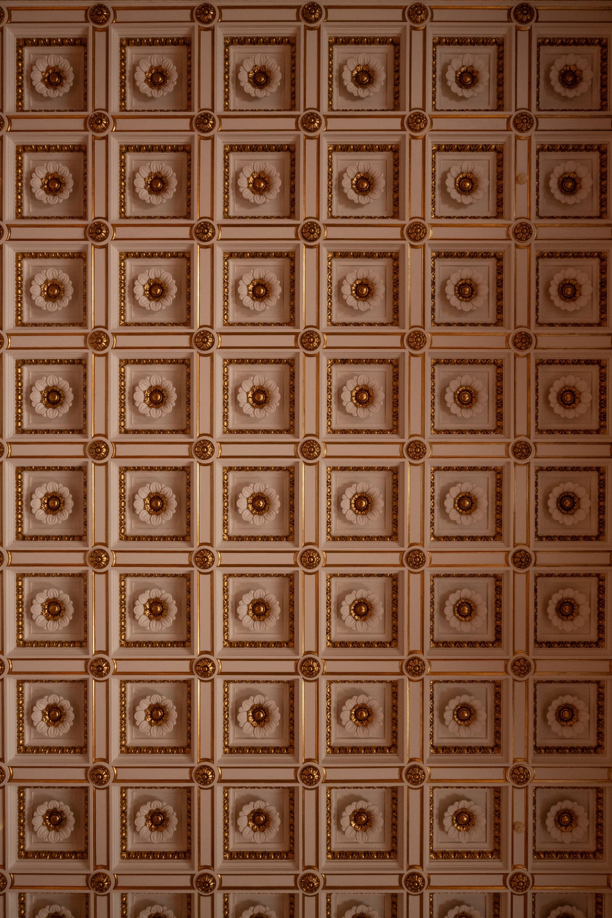 An ornate gold and cream coffered ceiling pattern
