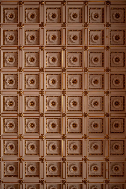 An ornate gold and cream coffered ceiling pattern