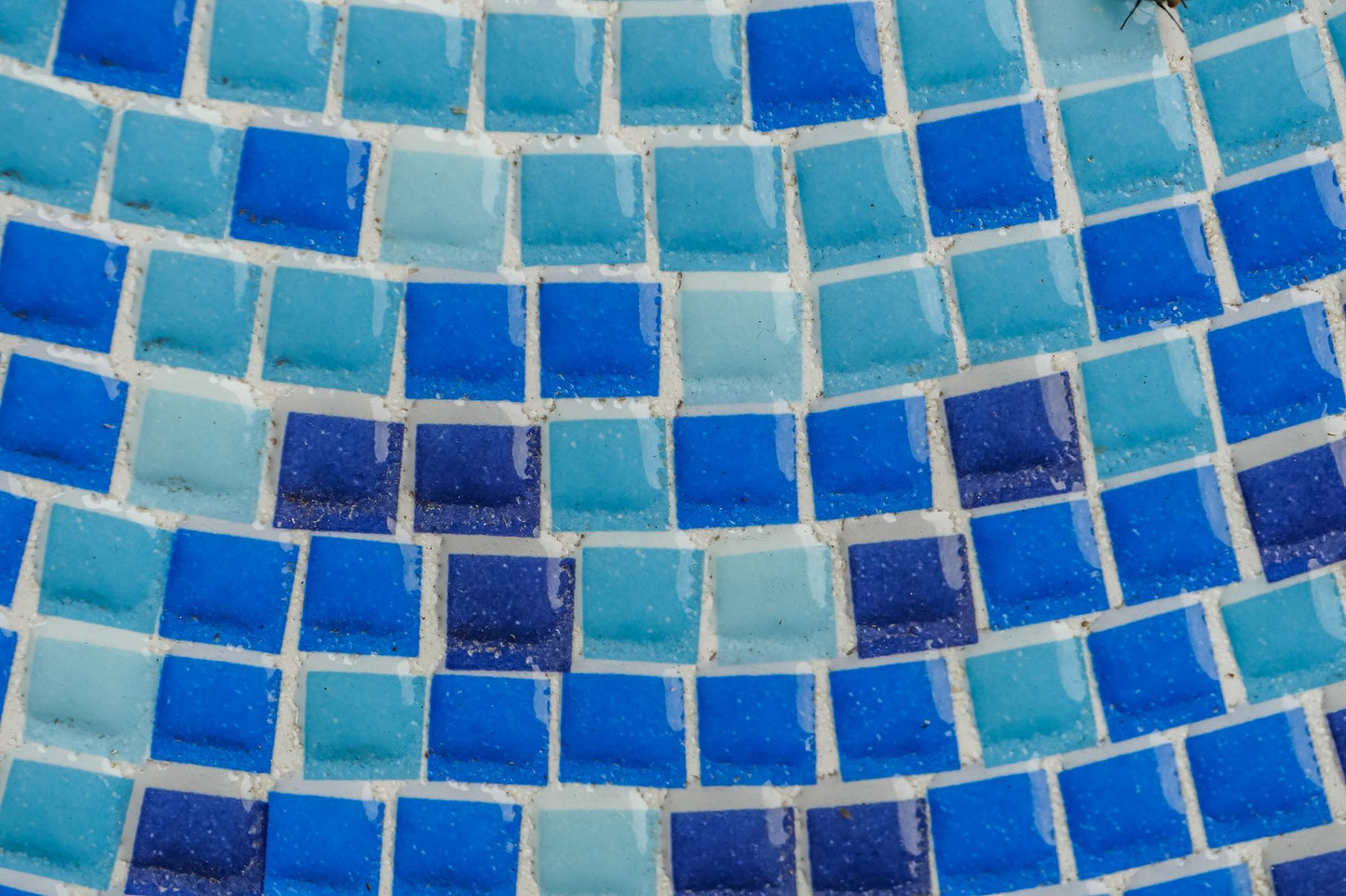 Blue glazed tiles catch the light in close up.