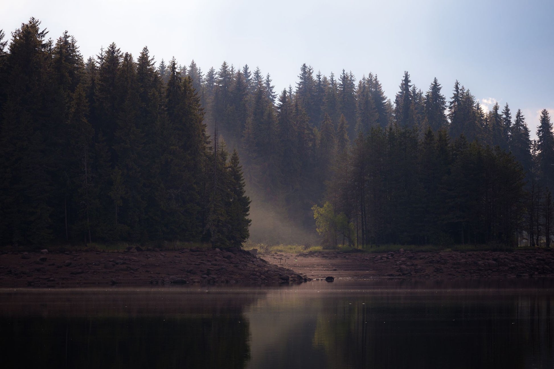 Morning mist rising off a still woodland lake, the kind of hush that settles over Monart before the thermal suite opens.