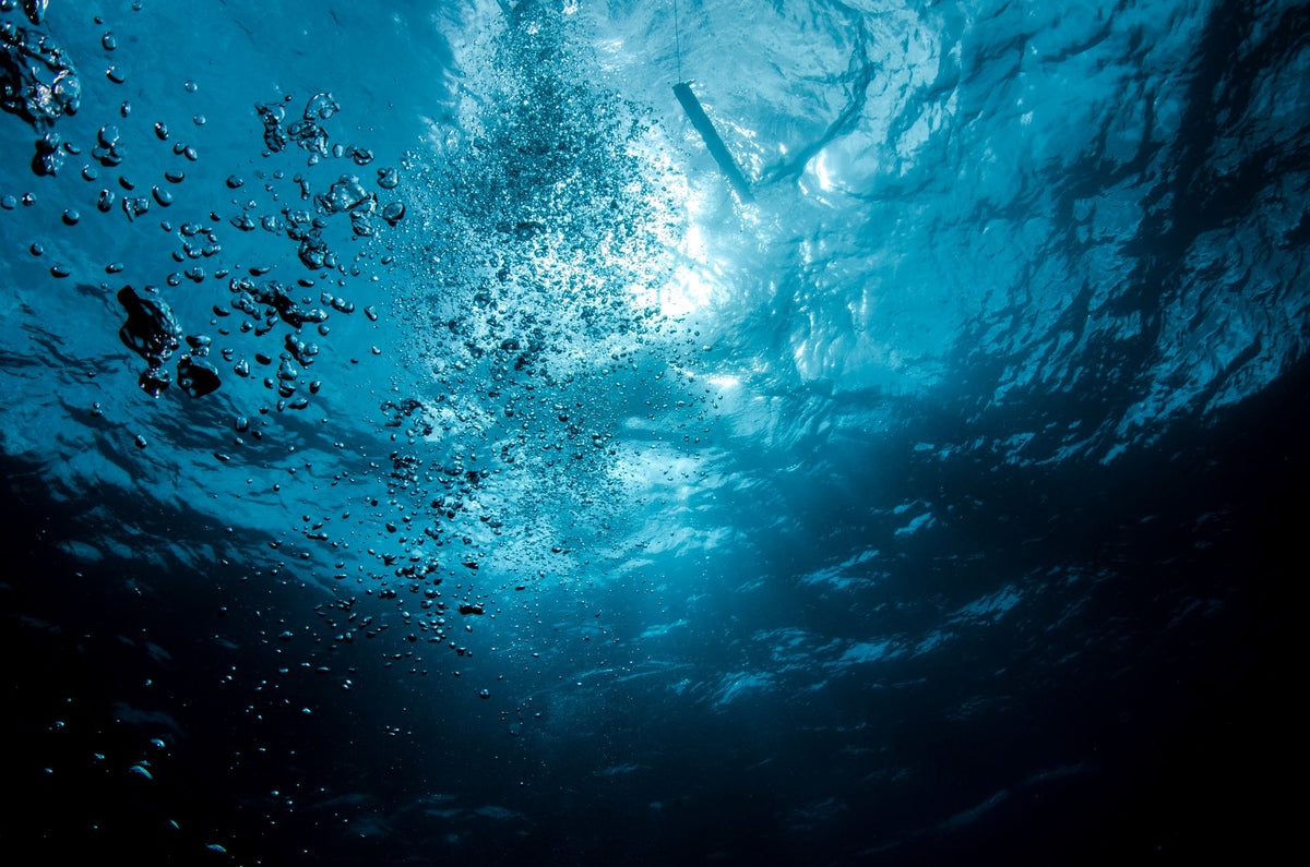 Underwater view with cool blue light filtering down, evoking a cold plunge
