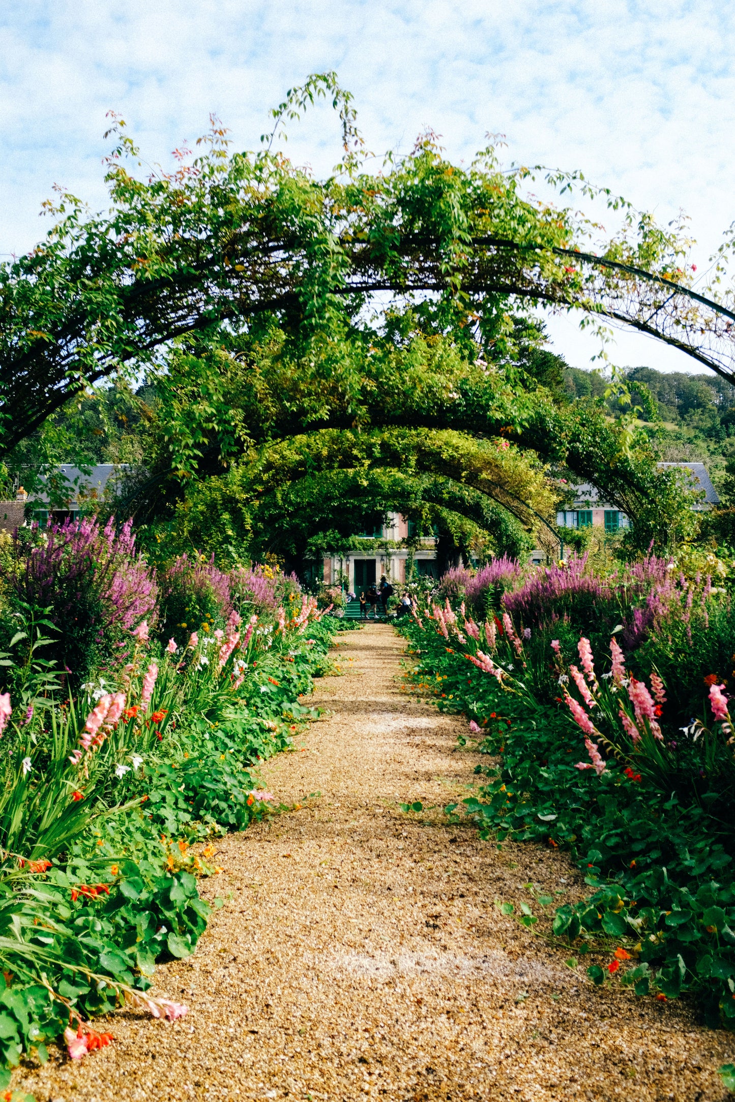 A path running under an arch through a planted walled garden, The Meadow Spa at Thyme, Southrop